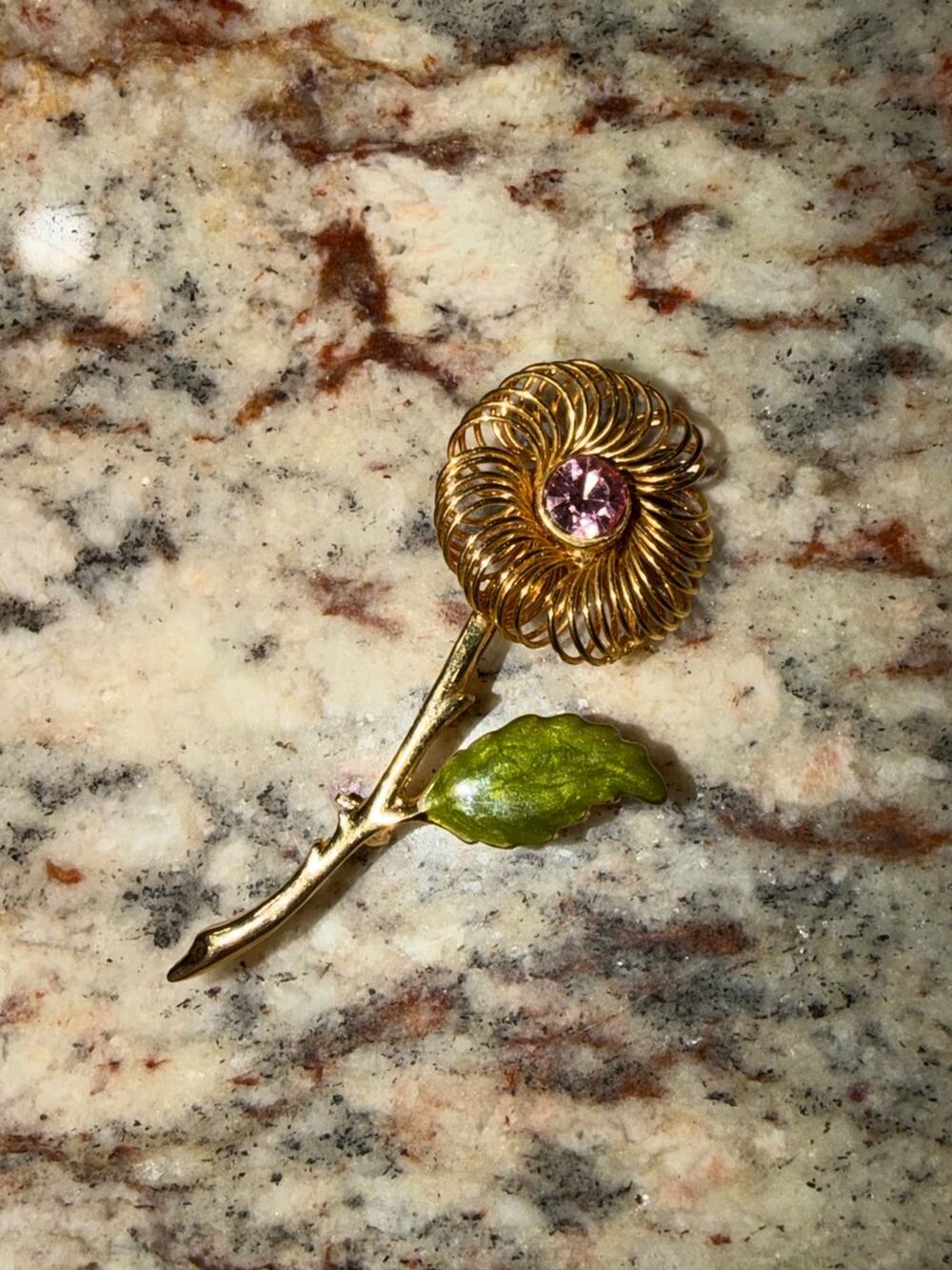 Vintage Gold Tone Flower Brooch with Pink Rhinestone